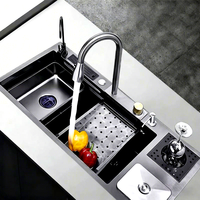 Grand évier simple avec robinet, lave-gobelets, poubelle, évier de cuisine multifonctionnel en acier inoxydable 304 nano