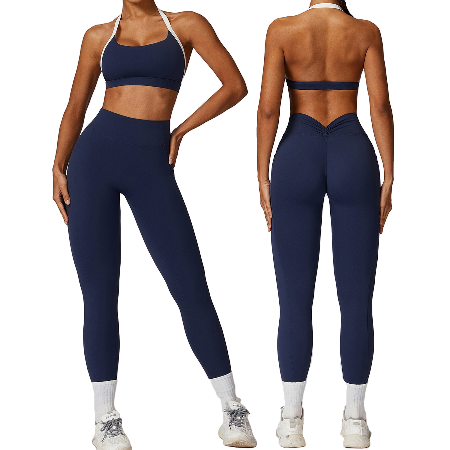 Women Yoga Set Side Pockets Workout Sexy Sports Bra High Waist Tight Butt Lifting Yoga Leggings Gym Fitness Set