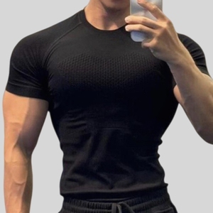 Maglietta da Palestra Compressiva da <span class=keywords><strong>Uomo</strong></span> LEKEPAI, Asciugatura Rapida, Top da Allenamento in Maglia, Vestibilità <span class=keywords><strong>Slim</strong></span>, Manica Corta, 97% Nylon 3% Spandex, Stampa Personalizzata OEM - Product Image 4
