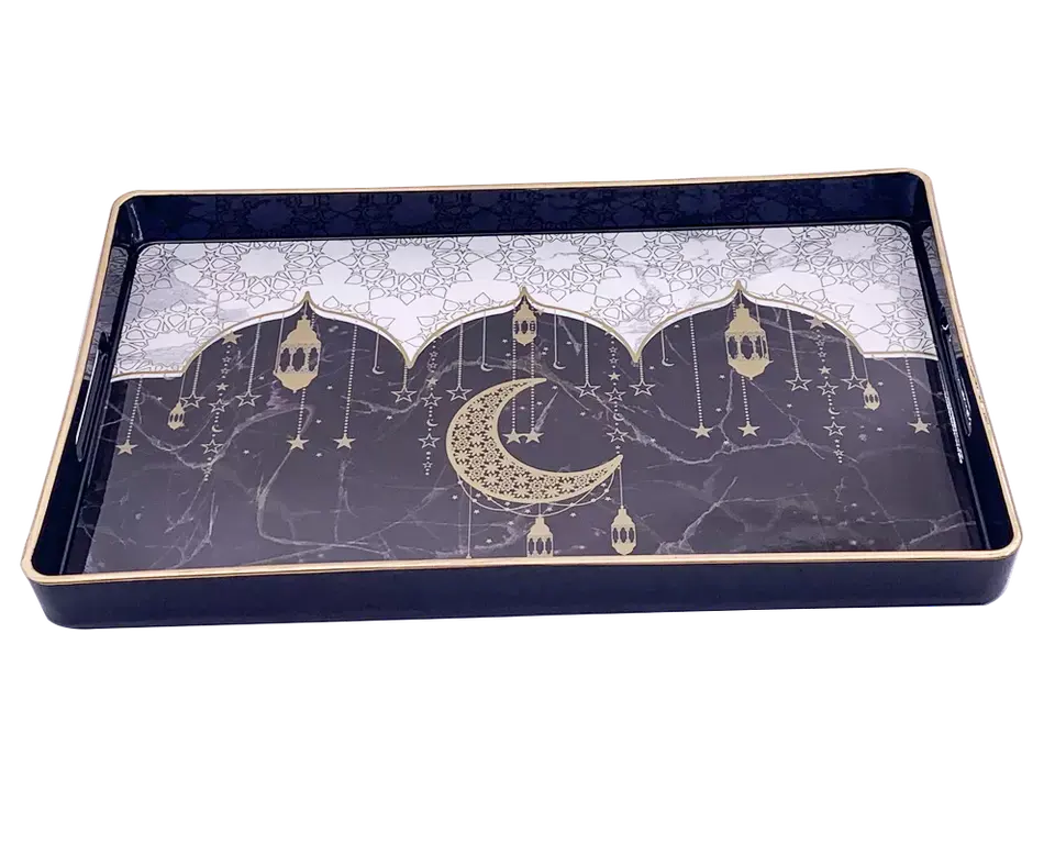 JJ Ramadan Kareem baki makanan dekoratif desain kustom bulan emas dengan pola abstrak baki pernis persegi panjang nampan plastik