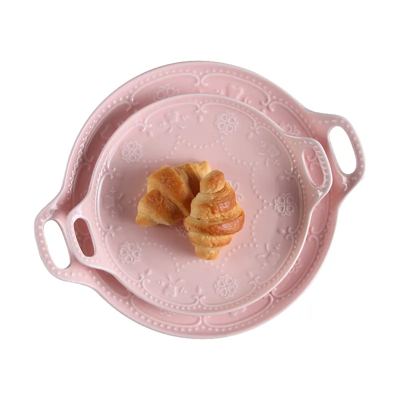 Piatto in pizzo ceramico di alta qualità 8 pollici rosa matrimonio doppio orecchio bistecca e insalata piatti di frutta Logo personalizzato