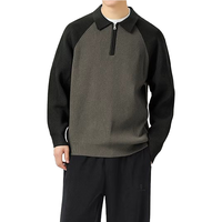 Pull ras du cou zippé pour homme en maille côtelée, coupe ajustée, manches longues, anti-plis, décontracté