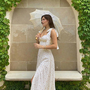 Vestido Maxi Romántico con Estampado Floral, Hombros Descubiertos, Sin Mangas, Corte en A, Chifón, Escote Corazón, Dobladillo con Abertura, Vestido Casual de Verano - Product Image 3