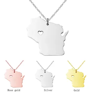 Fashion Sliver Color Wisconsin State Necklace Charm Shaped Map Necklaces United States Pendant With A Heart