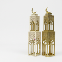 Décoration de maison pour le Ramadan 2027, lanternes marocaines en métal à 2 niveaux dorées et beiges avec une croissant de lune
