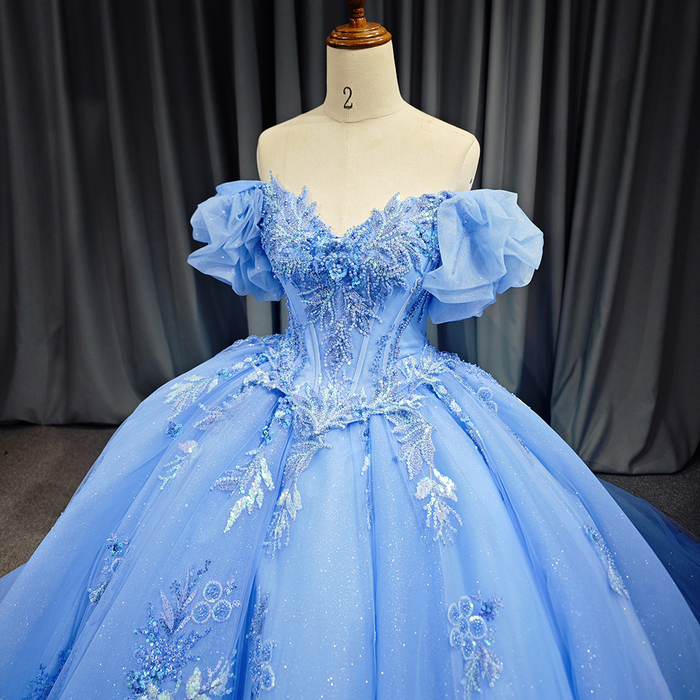 satin rose lace-trim asymmetric slip dress Blue Tulle Floor Length Prom Dress, Beautiful Short Sleeve Evening Party Dress US 16 / Blue