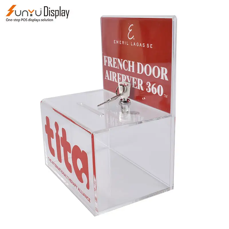 New style clear acrylic charity donation box with lock Detachable poster