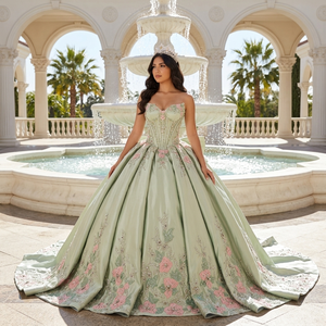 Robe de bal de Quinceañera pour filles, modèle 8568, en satin vert menthe glamour, avec corset, appliques de perles, cristaux et taille naturelle - Product Image 1