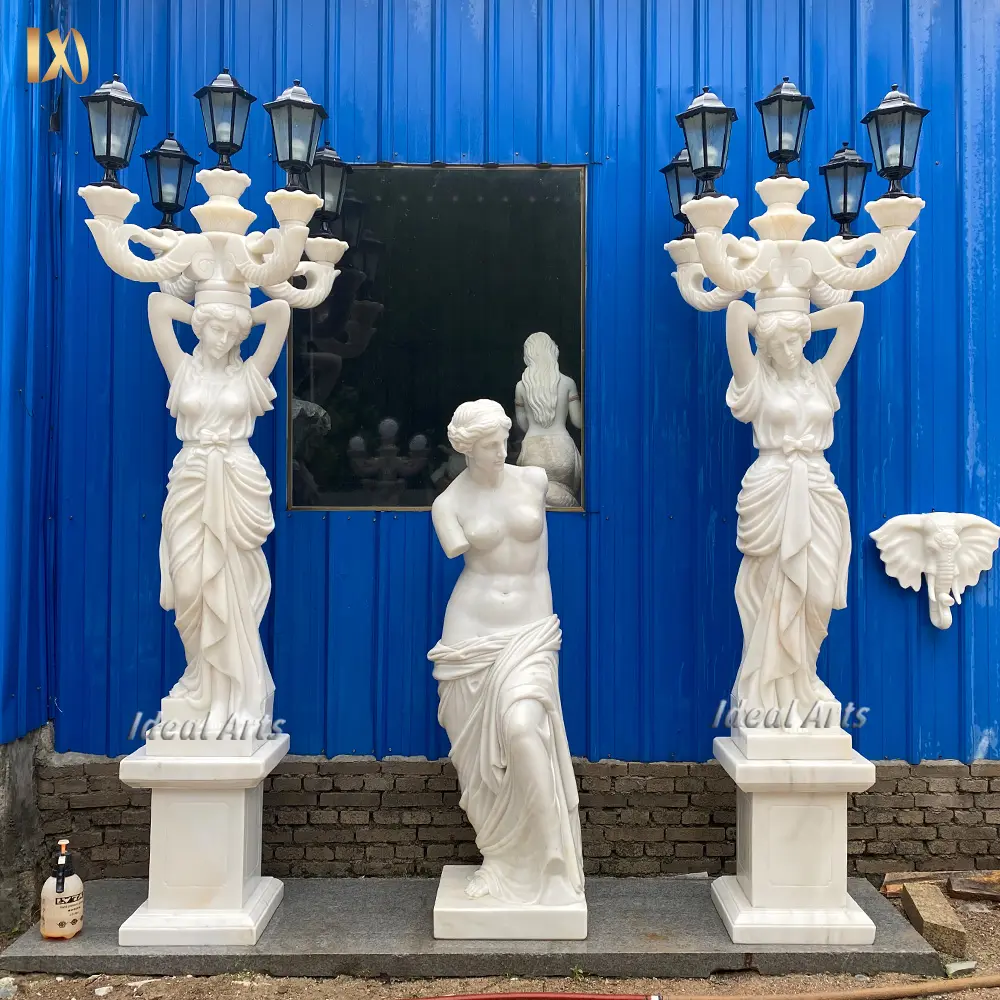Hand Carved outdoor Garden decor White Marble Large Antique Lady Sculptures Statue Floor Lamp for sale