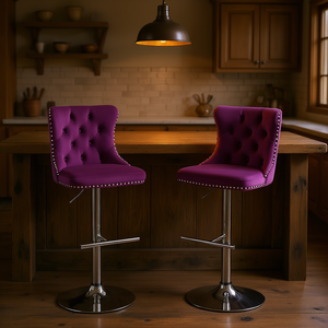 Tabourets de bar en velours, hauteur réglable, base chromée, dossier capitonné, style farmhouse moderne, mobilier de bar - Product Image 2