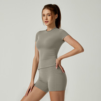 Ensemble de sport 2 pièces pour femmes européennes et américaines, avec logo frontal, séchage rapide, manches courtes, pour la course et le yoga