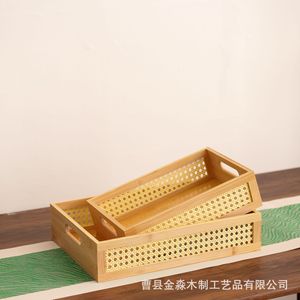 Rectangular solid wood <b>storage</b> <b>basket</b> with rattan openwork design, entryway <b>storage</b> box, solid wood openwork <b>storage</b> <b>basket</b> for - Product Image 2