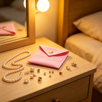 Pochette à bijoux personnalisée en velours rose avec rabat triangulaire, bouton doré et logo doré
