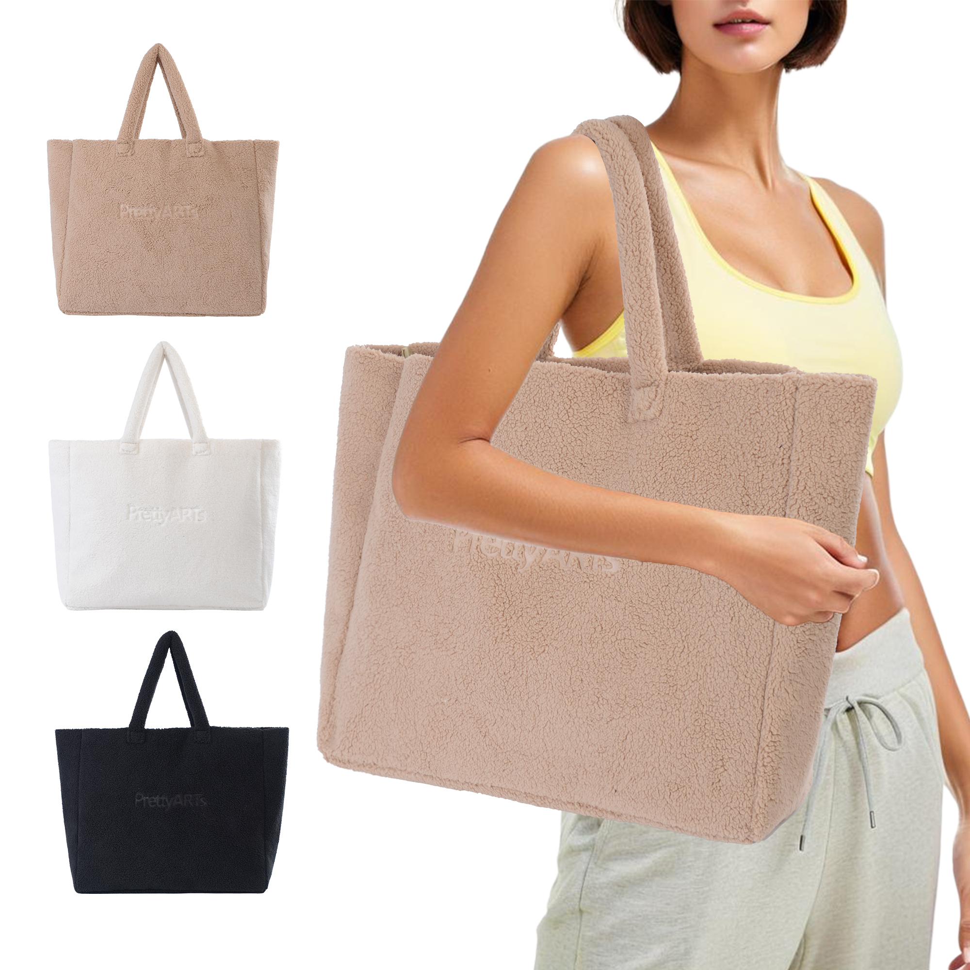 Fleece Tote Shoulder Bag Large Capacity Solid
