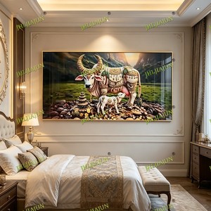 Peinture sur Porcelaine Cristalline Personnalisée en Gros, Art Mural Vache, Cadre Doré, Design Rectangulaire Traditionnel, Décoration Intérieure - Product Image 4