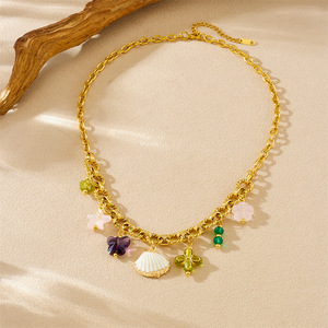 Fashion Gold Plated O Chain Necklace With Scallop Acrylic Butterfly Flower Pendant Party Jewelry - Product Image 2