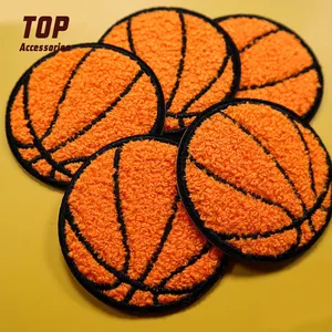 Round Basketball Custom Sports Clothing Tape Iron On Embroidered Patches Chenille Fabric Cotton PVC Handmade Embroidery Sequins
