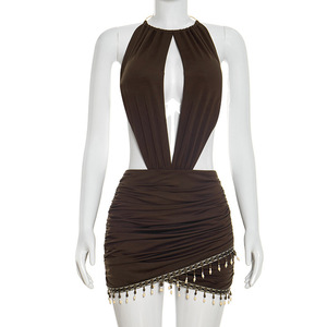 Vestido Halter con Aberturas y Fruncido, con Borlas de Cuentas en el Bajo, Personalizado, Bajo MOQ, Venta al por Mayor, Teñido Liso, Transpirable, Antiestático, Sehe Fashion - Product Image 4
