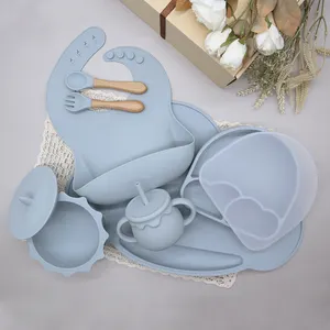 공장 신생아 아기 먹이 세트 사용자 정의 아기 턱받이 실리콘 흡입 플레이트 그릇 플레이스 매트 방수 도매 유아