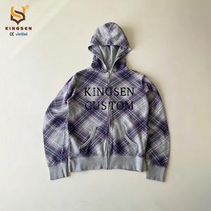 New Design Vintage Washed Thick Cotton Zip up Hoodies Men Custom logo Printed Embroidery Oversized Plaid Rhinestone Hoodie - Product Image 1