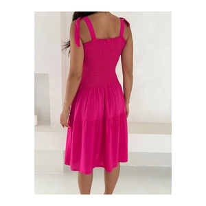 Women's Pink Sleeveless Midi <b>Dress</b> With Tie Straps And Flared Skirt For Summer Casual Wear - Product Image 4