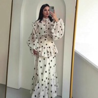 Robe longue vintage à pois pour femme, col montant, manches longues bouffantes, volants superposés, élégante, décontractée, pour soirée