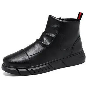 Nuevas botas altas negras de invierno y zapatos de cuero inglés cálidos de lana Zapatos de hombre de tendencia juvenil