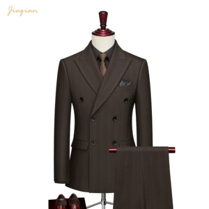 Completo da Uomo <span class=keywords><strong>Doppiopetto</strong></span> a Righe, 2 Pezzi, in Poliestere Viscosa Spandex, Vestibilità Slim, per Business, Matrimoni e Cerimonie, Giacca e Pantaloni - Product Image 1