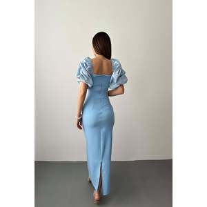 Vestido Midi Azul Bebé, Tejido, con Bordado y Mangas con Adornos, Cintura Natural - Product Image 5