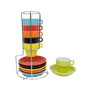 Tazas de café apilables, juego de 6 tazas de cerámica con soporte de Metal, apilables, con estante