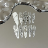 Faux ongles à presser faits main, motif serpent argenté 3D, luxe, blancs, forme stiletto, réutilisables, longs, à coller