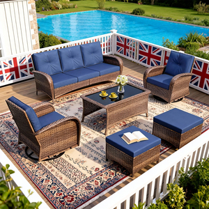 Conjunto de Sofá de Exterior de 6 Piezas con Otomana, Mesa de Centro de Vidrio, Colores Personalizables, Resistente a la Intemperie para Balcón, Múltiples Estilos Opcionales - Product Image 1