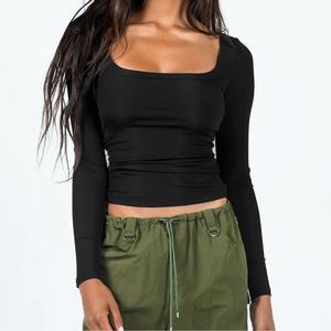 Camiseta de Punto Personalizada para Mujer, Sexy, con Cuello en U, Manga Larga, Ajustada - Product Image 2