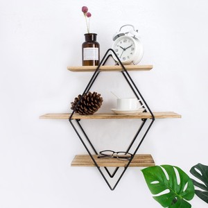 Nordic Style Wall <b>Shelf</b> Diamond Black Iron Wood 3 Tier Storage <b>Rack</b> For Living Room Bedroom Home Organization - Product Image 1