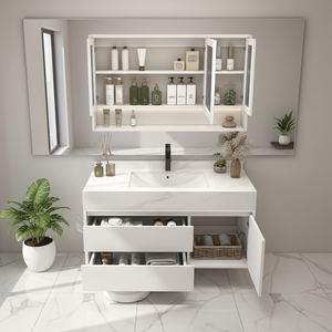 Mueble de Baño de Madera Maciza de Estilo Moderno con <span class=keywords><strong>Lavabo</strong></span> Integrado de Piedra para Hoteles - Product Image 4