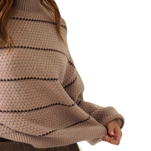 بيع بالجملة مخصص المرأة الصوف مزيج محبوك سترة وهمية الرقبة مخطط نمط محكم متماسكة مكتب عارضة تبدو اليومية نمط أنيق - Product Image 3