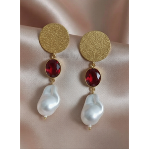 Pendientes de Perlas Barrocas |   Pendientes de Piedras Preciosas, Aretes de Disco con Textura Dorada, Pendientes de Estilo Vintage - Product Image 5