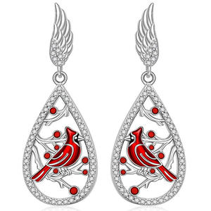Elegantes Pendientes Colgantes de Pájaro Cardenal, Chapados en Oro Blanco, Aleación de Zinc Plateada, con Microincrustaciones de Piedra Roja, Joyería de Fiesta para Mujer - Product Image 1