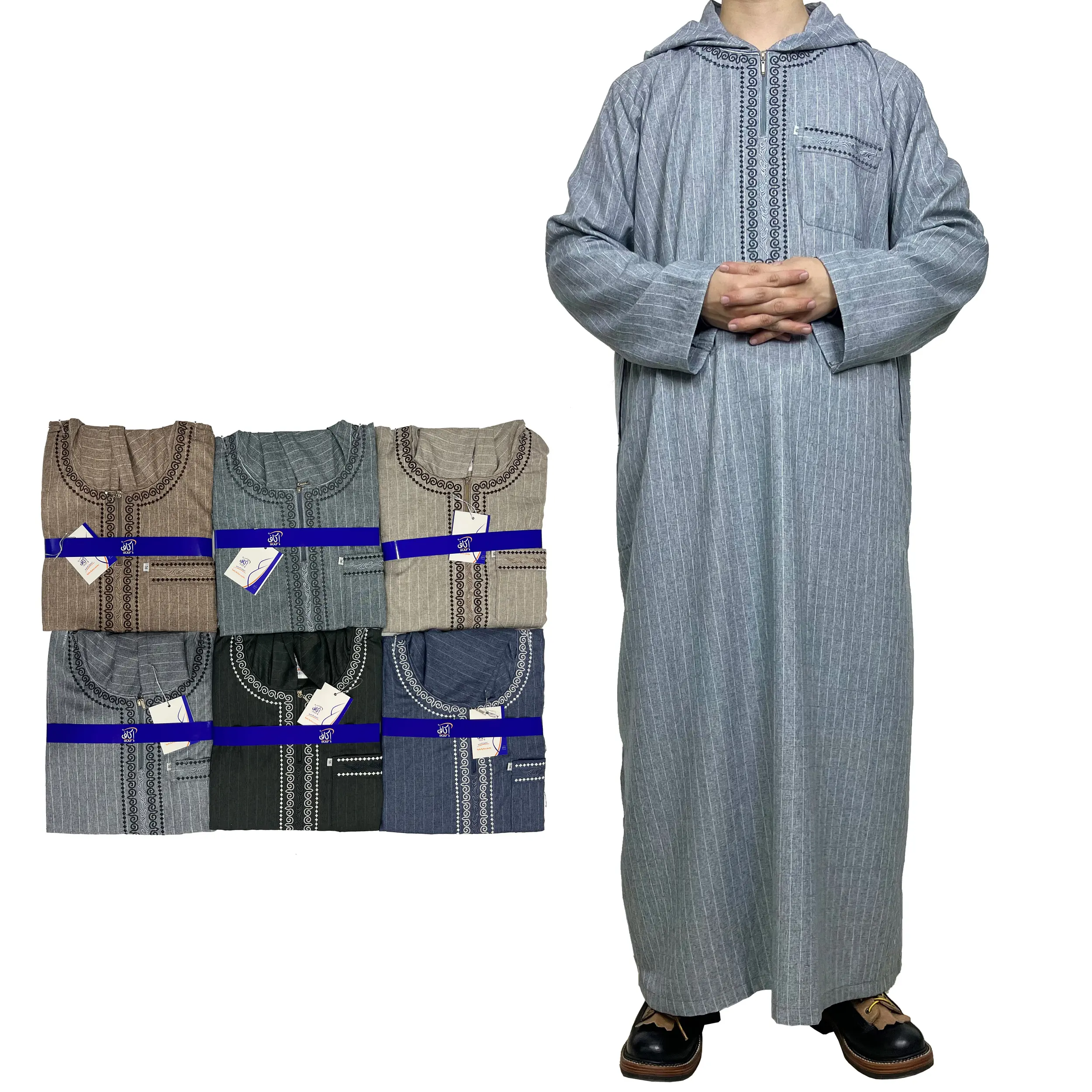 Desain baru jubah arab pakaian Islami bergaris pola jubah Kaftan bordir dengan topi gaya Maroko bertudung pria thobe