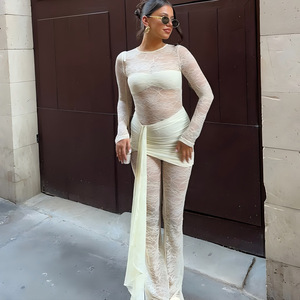 Combinaison moulante en dentelle transparente pour femme avec détail ruban, tenue de soirée FDL1806 - Product Image 2