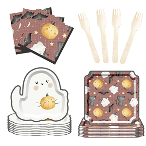 DAMAI Halloween Theme Ghost and Pumpkin Brown Color Tableware Sets with Disposable Paper Dessert Plate Party Tableware Kits - Product Image 3