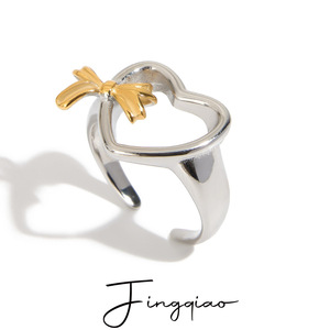 Yueli Heart Shape <b>Ring</b> Silver Gold Bow <b>Open</b> Design Unisex Fashion Jewelry Gift - Product Image 1