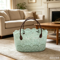Sacs de voyage et de plage modernes en dentelle bleu menthe 39*22*20cm avec poignées, paniers de rangement écologiques