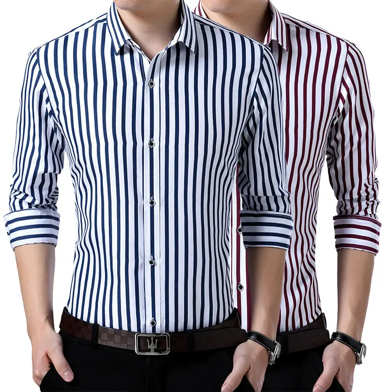 Summer Red Blue Color Utility Fashion Casual Vertical Striped Printed Long Sleeve Men's Dress Shirt For Business Man