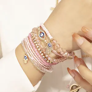 Grosir manik nasi mode gelang mata setan berlian palem Set tangan Bohemian Hamsa gelang manik-manik mata jahat untuk wanita
