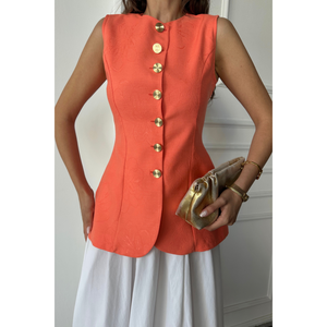 Chaleco de Lino Jacquard en Naranja con Botones Dorados, Cintura Ajustada y Decoración con Logotipo Vintage, Estilo Traje con Exterior de Algodón Tejido - Product Image 4