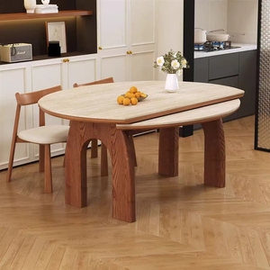 Nuovo Set Tavolo da Pranzo in Legno Massello Stile Francese Mid-Century 2026, Allungabile da Rotondo a Quadrato, Multifunzionale con Piano in <span class=keywords><strong>Lastra</strong></span> di <span class=keywords><strong>Marmo</strong></span> - Product Image 2