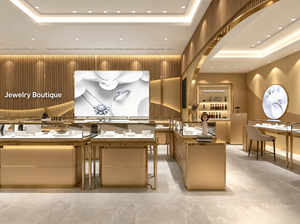 Diseño Interior de Joyería de Lujo Moderno, Proyecto de Tienda Minorista con Acabados en Dorado Champán, Vidrio y Mármol, Vitrinas de Exhibición - Product Image 5