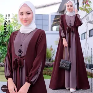 중동 이슬람 민족 의류 여성 우아한 원피스 컬러 매칭 레이스 업 허리 긴 소매 Abaya 가운