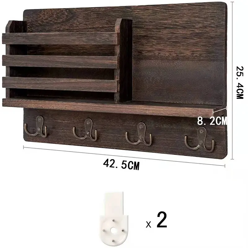 Custom Rustic Wooden Key & Mail Holder Hanging Shelf with Hooks Wall Decor Hook Rack